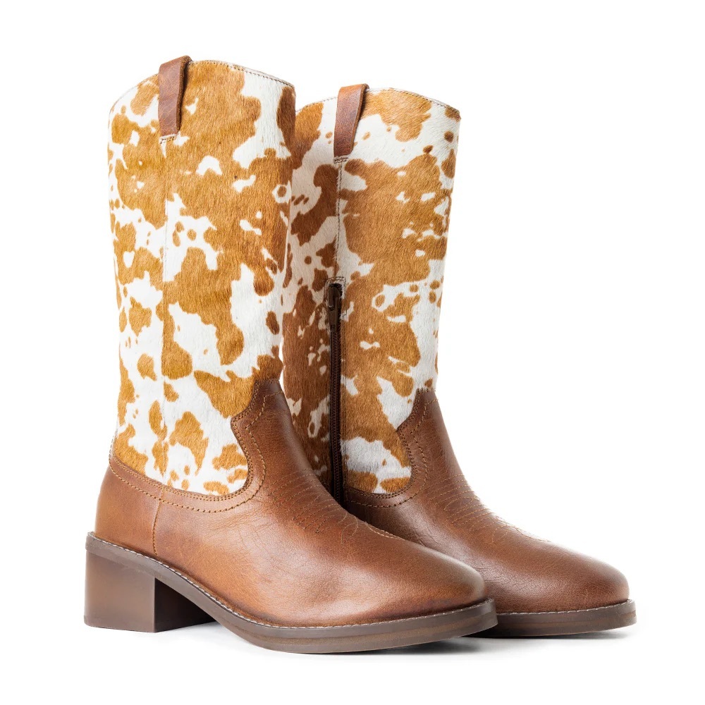 NEW MYRA HAIR ON LEATHER POINTY BEIGE COWBOY BOOTS cowhide/fur